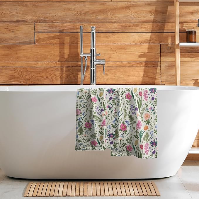 Spring Floral Hand Towels for Bathroom Set of 2 Pink Flowers Sage Green Leaves