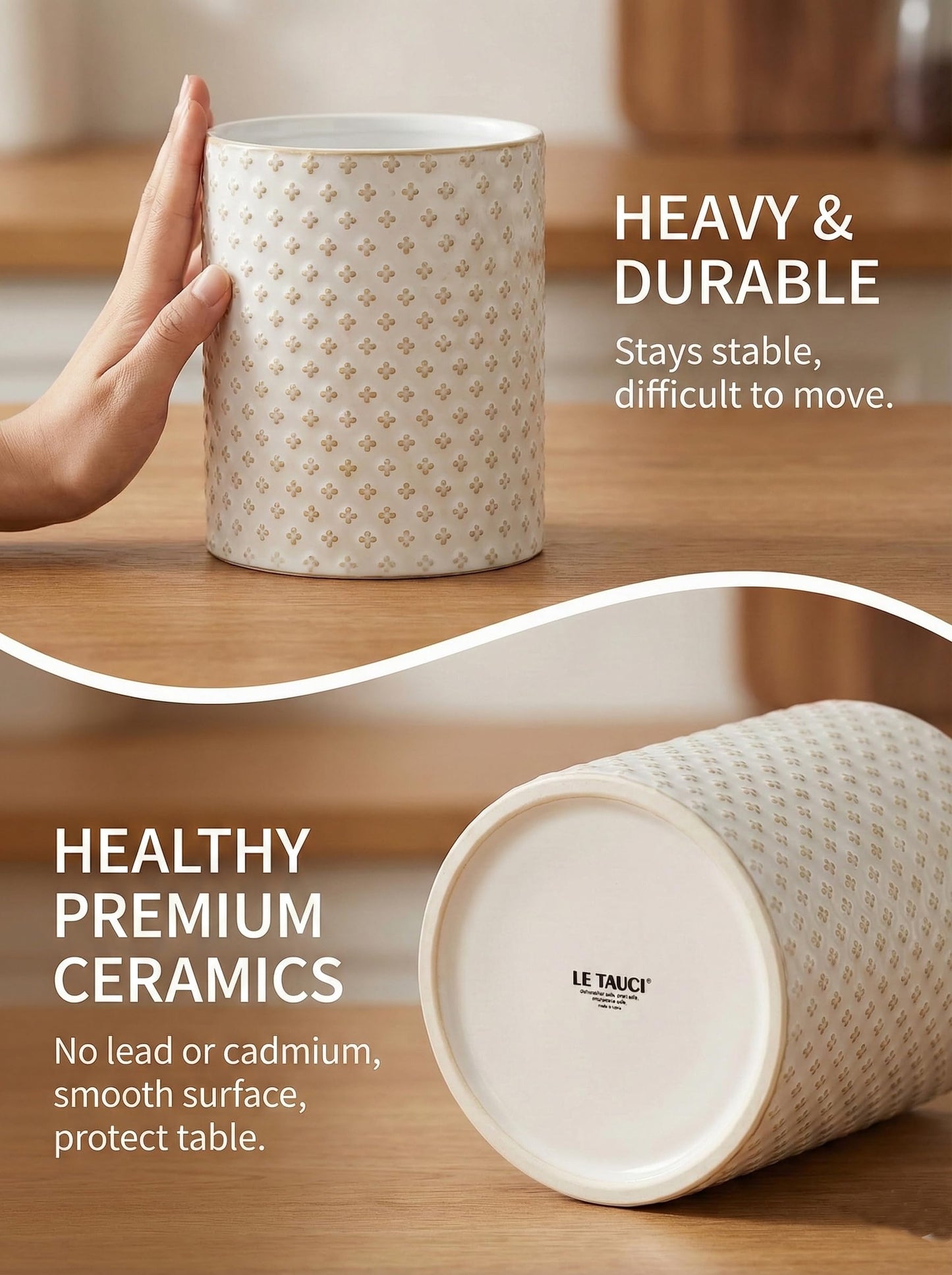 LE TAUCI Kitchen Utensil Holder for Countertop - 7.1"+5.4" Ceramic Utensil Crock Set of 2, Large Cooking Utensil Organizer for Spatula, Spoon, Whisk - Farmhouse Storage, Embossed, Clover
