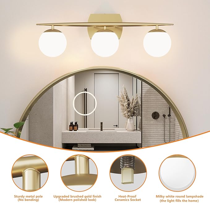 Gold Bathroom Light Fixtures, 3-Light 25.1 Inch Modern Light Fixture Bathroom with Milky White Frosted Glass Shades, Wall Sconces for Bathroom, Bedroom, Living Room(G9 Bulb not Included)