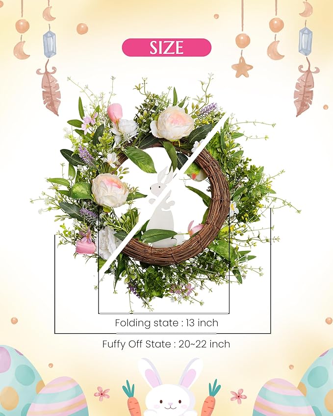 Spring Door Wreath for Front Door with Hook 20-22”, Artificial Spring Door Wreath with White & Pink Peony Lavender Rabbit Wood Sign, Summer Wreaths for Windows Wall Romantic Home Déco