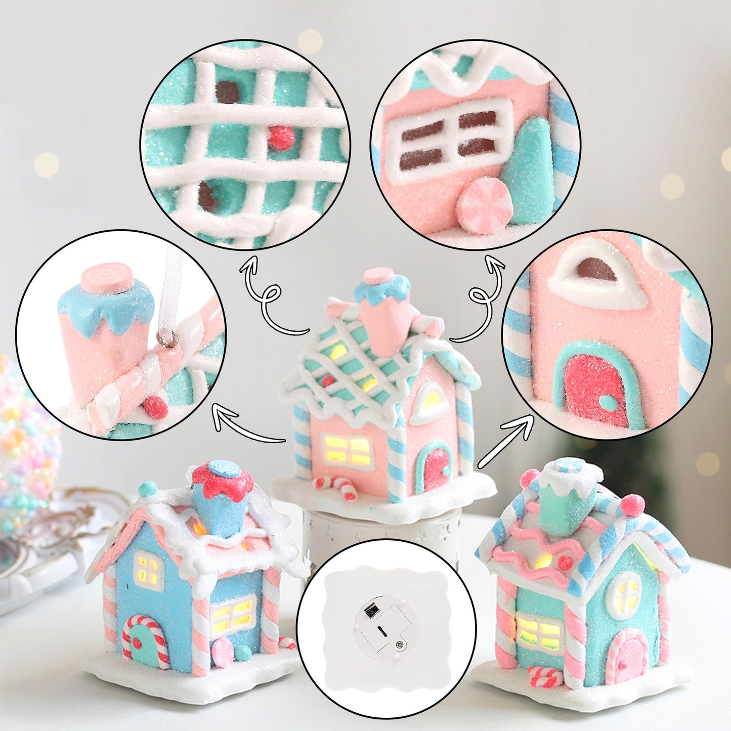 3Pcs Pastel Candy House Christmas Tree Ornaments with Lighted LED, Clay Gingerbread House Hanging Ornaments with Rope for Xmas Tree Holiday Party Home Decoration