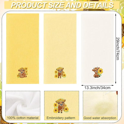 3 Pcs Sunflower Highland Cow Hand Towels Embroidered Highland Cow Farmhouse
