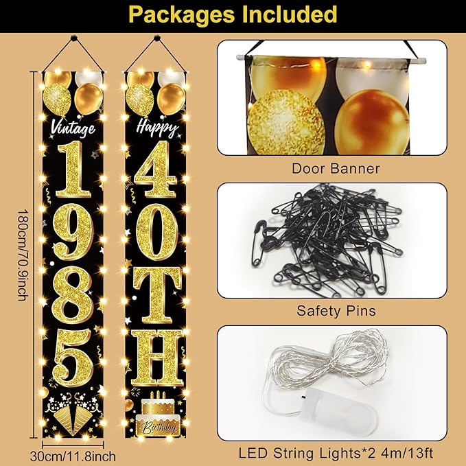 40th Birthday Party Banner Lighted Decorations for Men Women - Black Gold Vintage 1985 40th Birthday Decorations Door Banners with LED Light, Forty Years Birthday Party Supplies for Indoor Outdoor Decor