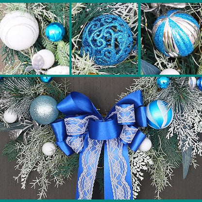 TOKCARE Prelit Christmas Wreath with Blue Bow and Ball Ornaments 22 Inch Christmas Wreath with Lights for Front Door Battery Operated Timer 40 LED Lights, Holiday Decoration for Fireplace Xmas Decor