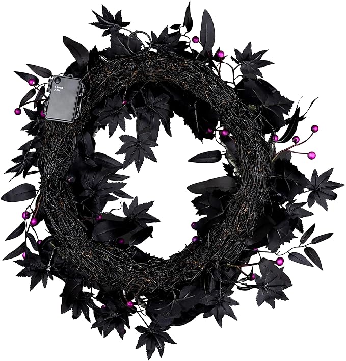 National Tree Company, 24inch Artificial Bad to The Bone Halloween Wreath, 30 Purple LED Lights,
