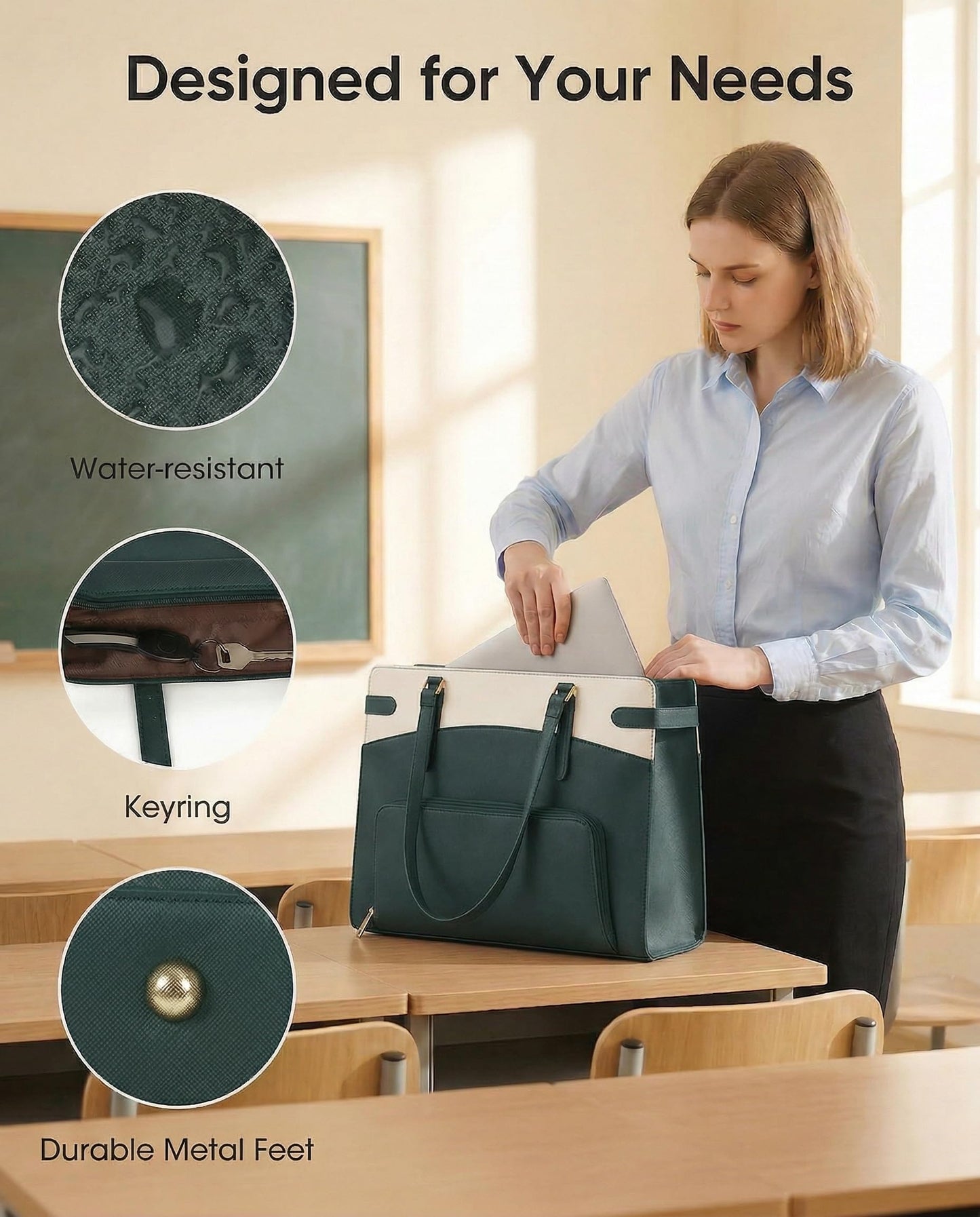 RAINSMORE 2-in-1 Laptop Bag with Insulated Lunch Compartment for Women 15.6 Inch PU Leather Work Tote for Teachers Nurses, Professional Water-Resistant Business Briefcase for Office & Travel