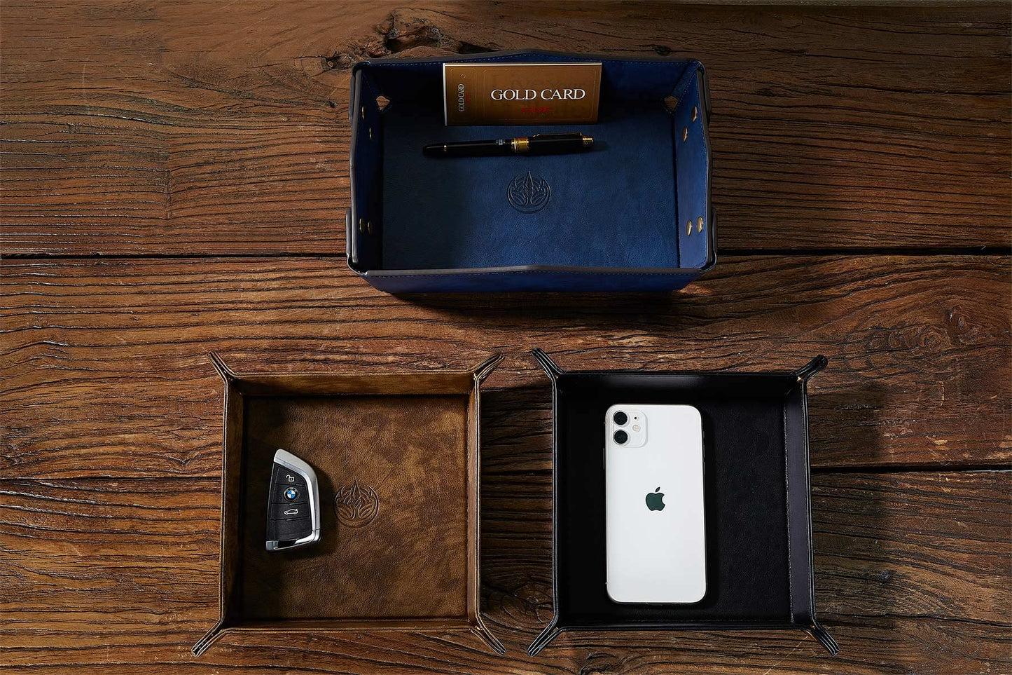 OARIE Leather Bedside Storage Tray - Jewelry Organizer for Girl's Key, Wallet, Coin Box - Travel PU Valet Tray (Dark Blue)