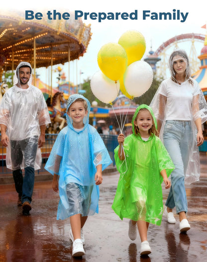 SANXINHT Disposable Rain Poncho Family 10 Pack for Adults & Kids with Hood - 2X-Thicker for Theme Parks, Travel & Outdoors