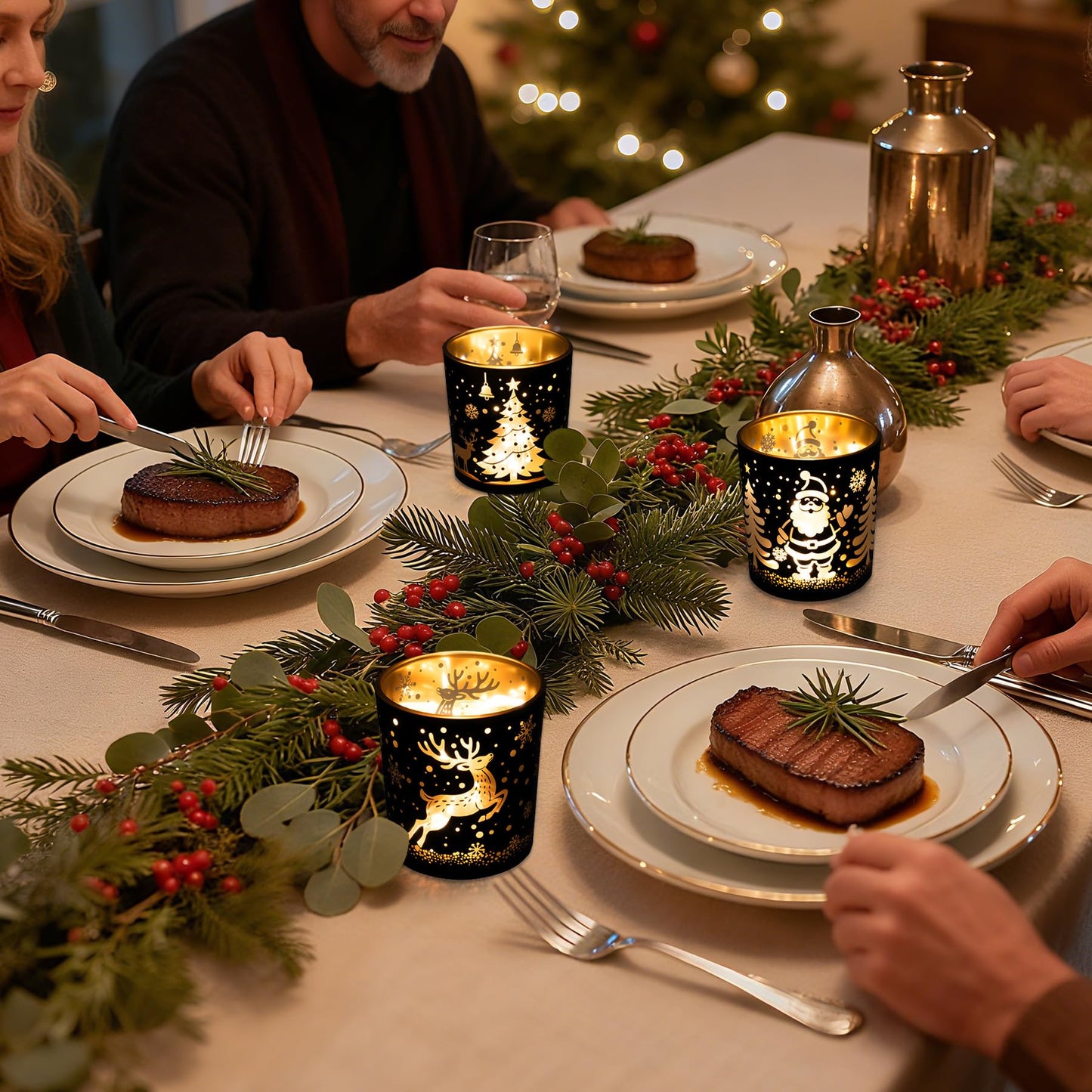 Votive Candle Holders, Black and Gold Glass Christmas Candle Holder Set of 3, Tea Light Holders with Santa Claus, Reindeer, Xmax Tree Pattern, Christmas Table Canterpieces for New Year Party Decor