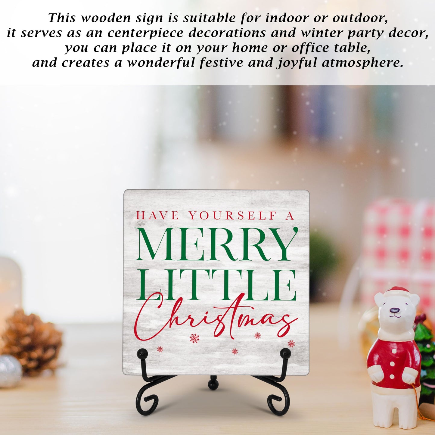 Cazhes Christmas Wooden Decor, Red & Green Merry Christmas Sign Decorations for Home Bedroom, 5x5 Inches Xmas Decor with Iron Stand, Birthday New Year Gifts -G05