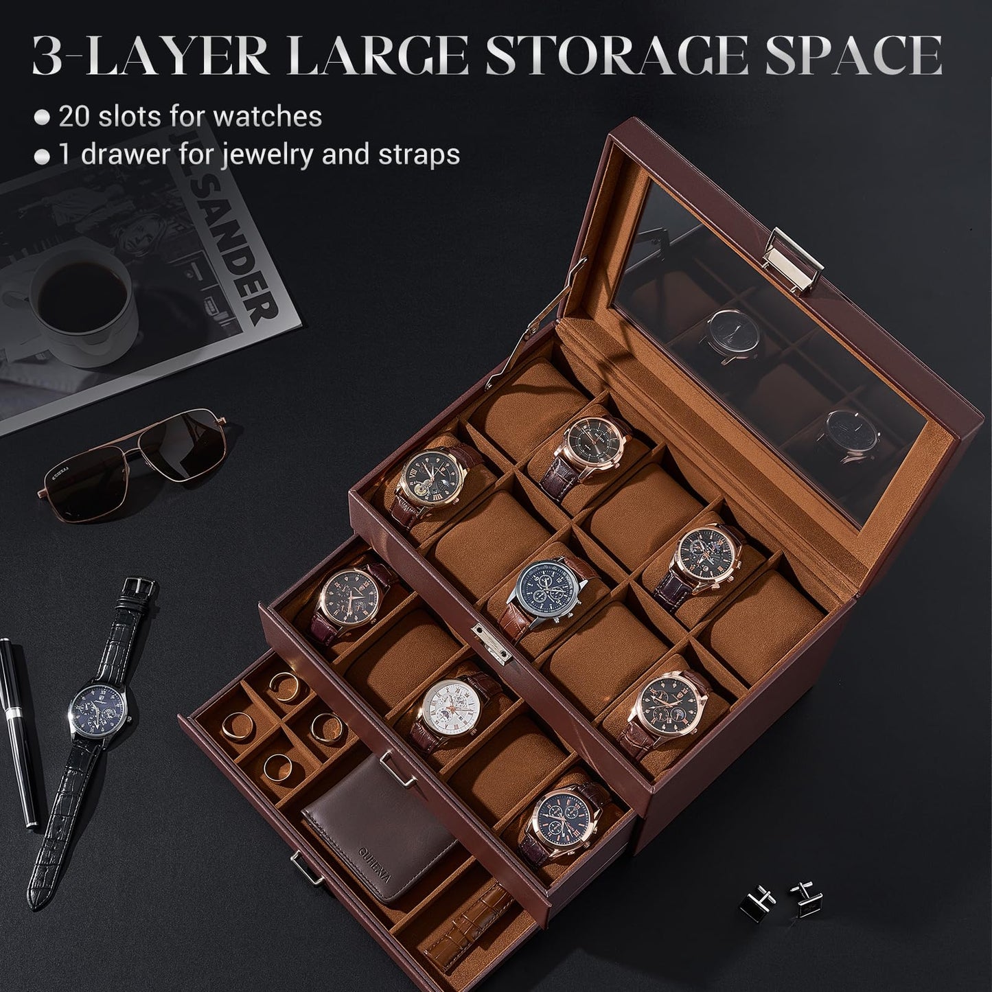 ProCase 20 Slot Watch Box for Men, 3-Layer Watch Display Case with Glass Lid, Watch Holder with Drawer, Jewelry Storage Organizer for Watches Straps Rings, Fathers Day Gift -Brown