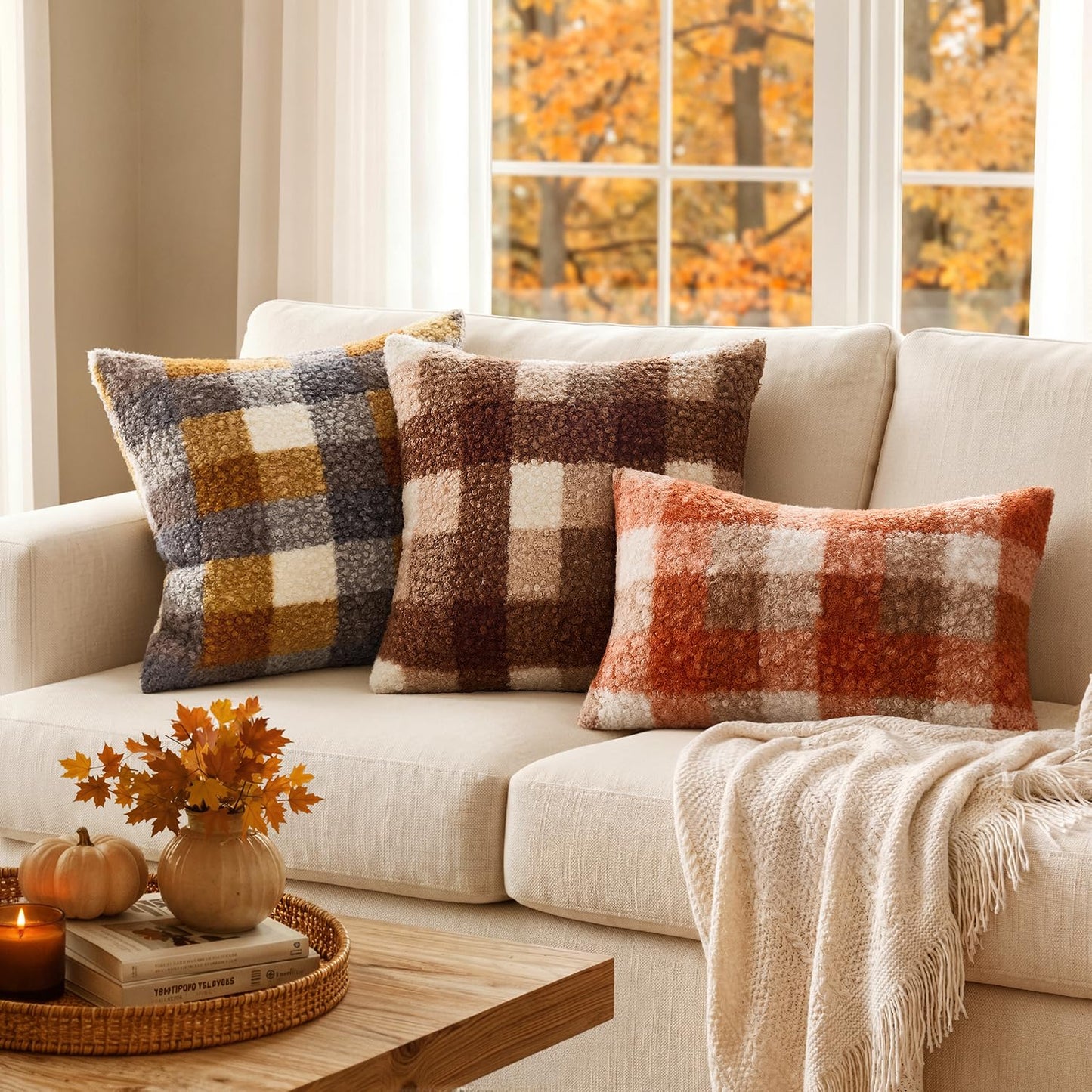 MIULEE Fall Plaid Pillow Covers 12x20 Inch Set of 2, Decorative Boucle Faux Fur Check Lumbar Throw Pillow Covers Fluffy Pillowcases for Farmhouse Living Room Sofa Bed Home Decor,Orange