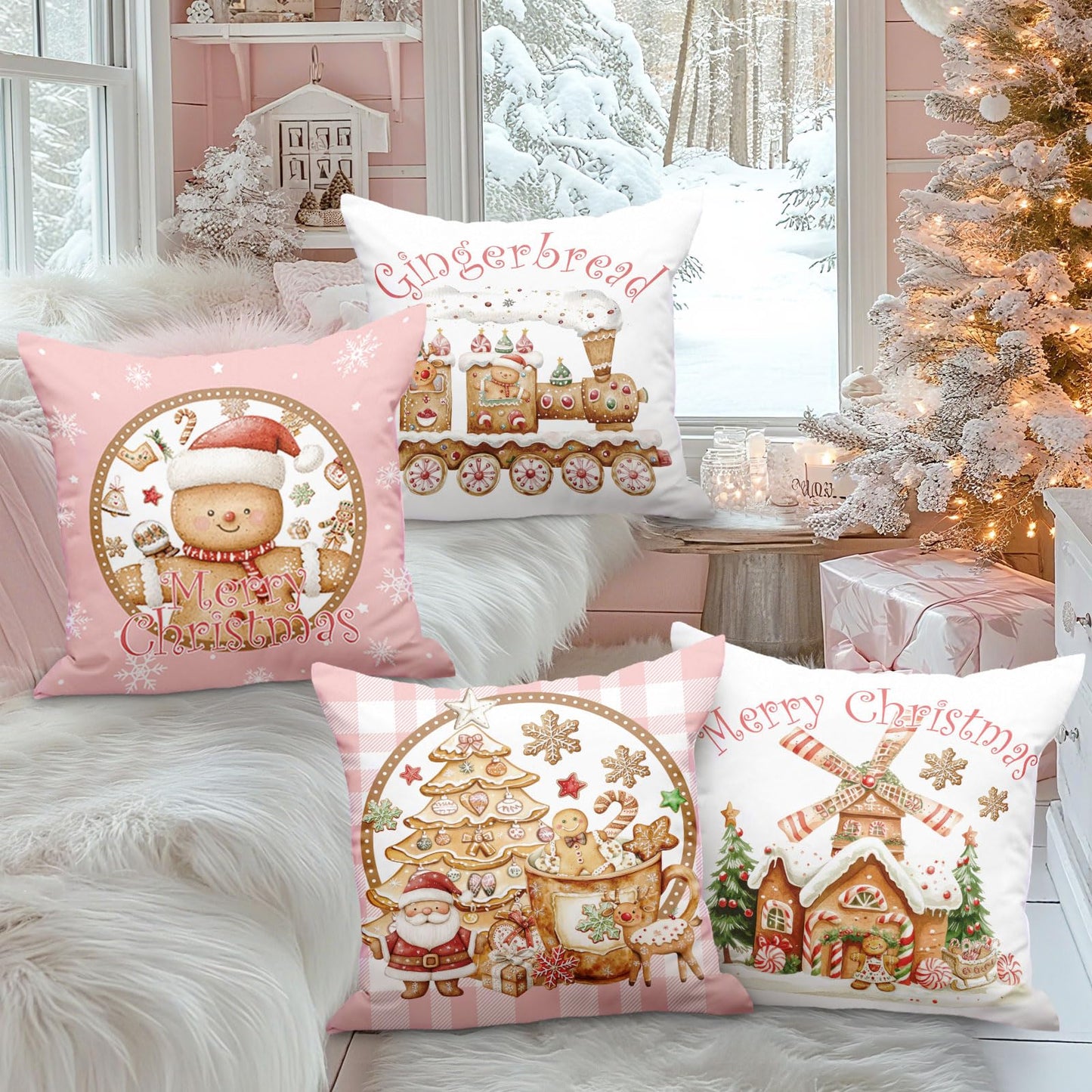 Lanpn Christmas Throw Pillow Covers 18x18 Set of 4, Gingerbread Man House Pillow Covers Christmas Pillowcase Decorative Cushion Cover for Home Bedroom Couch Sofa Decor (Pink)