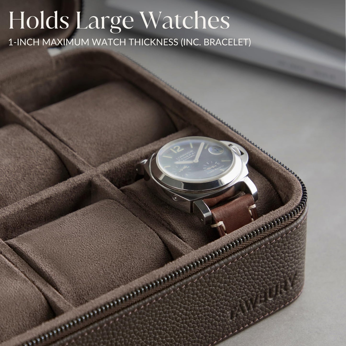 TAWBURY Watch Case - 6 Slot Genuine Top-Grain Leather Watch Box for Men & Women with Extra Wide Pillows for Large Watches - Portable Wristwatch Storage for Home & Travel (Brown)