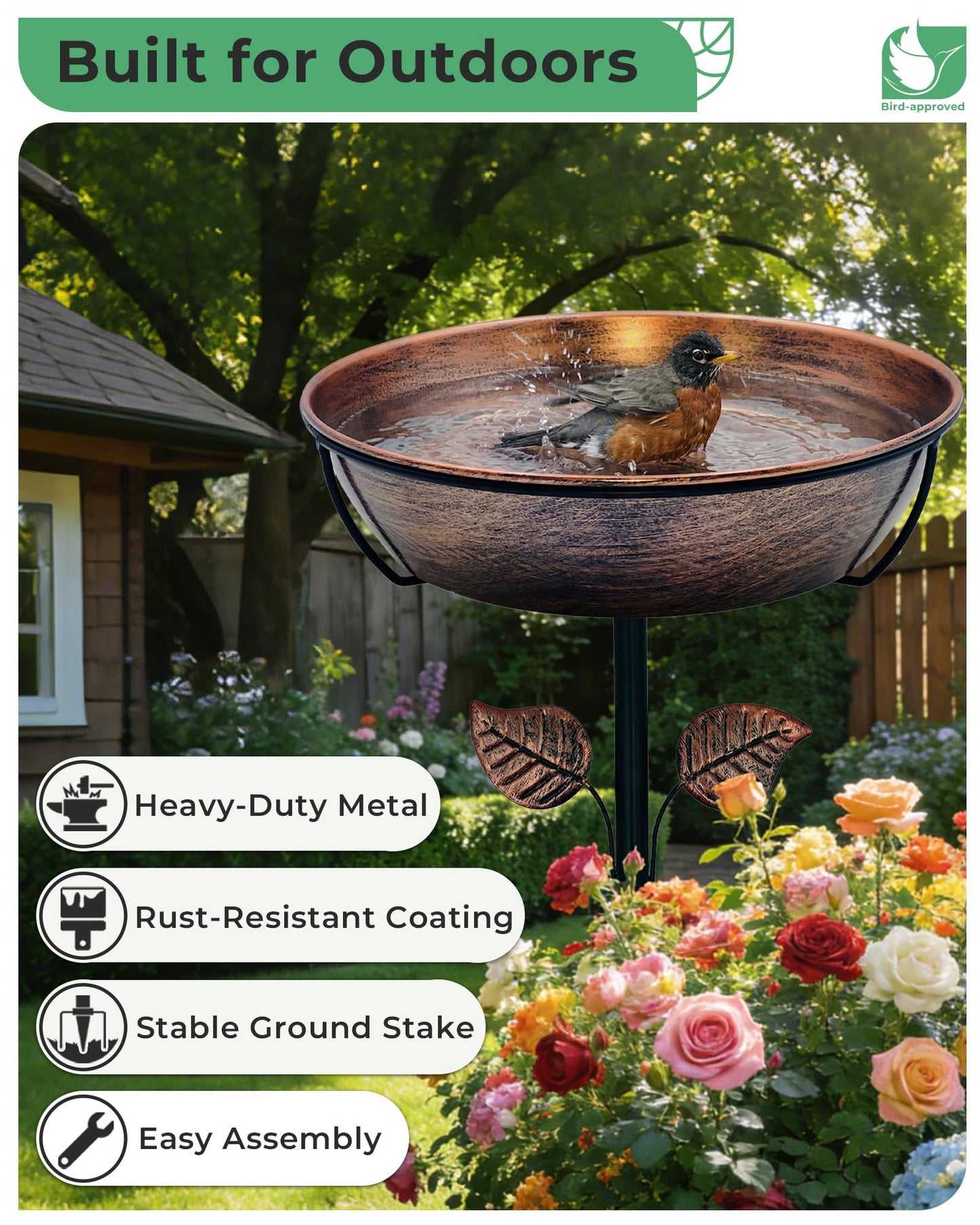 OUISJYER 3" Deep Metal Bird Bath for Outdoors, Removable 13" Dia Bowl with Stable Upgrades Stake, Easy to Clean Birdbaths for Garden Yard Lawn Decor 1.4 Gallon