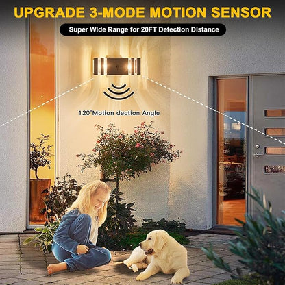 2 Pack Oil Rubbed Bronze Outdoor Wall Lights with 3-Mode Motion Sensor Up Down Porch Lights Modern Dusk Dawn Exterior Sconce Wall Mount Outside Coach Lantern for House(With 4 Dimmable Warm Bulbs)