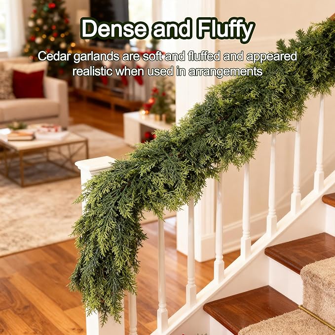 9ft Real Touch Cedar Garland Artificial Realistic Christmas Greenery Pine Garland with 225 Cedar Branches for Mantle, Fireplace, Table, Stairs, Doorframe, Window, Outdoor Indoor Xmas Decor