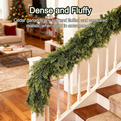 9ft Real Touch Cedar Garland Artificial Realistic Christmas Greenery Pine Garland with 225 Cedar Branches for Mantle, Fireplace, Table, Stairs, Doorframe, Window, Outdoor Indoor Xmas Decor