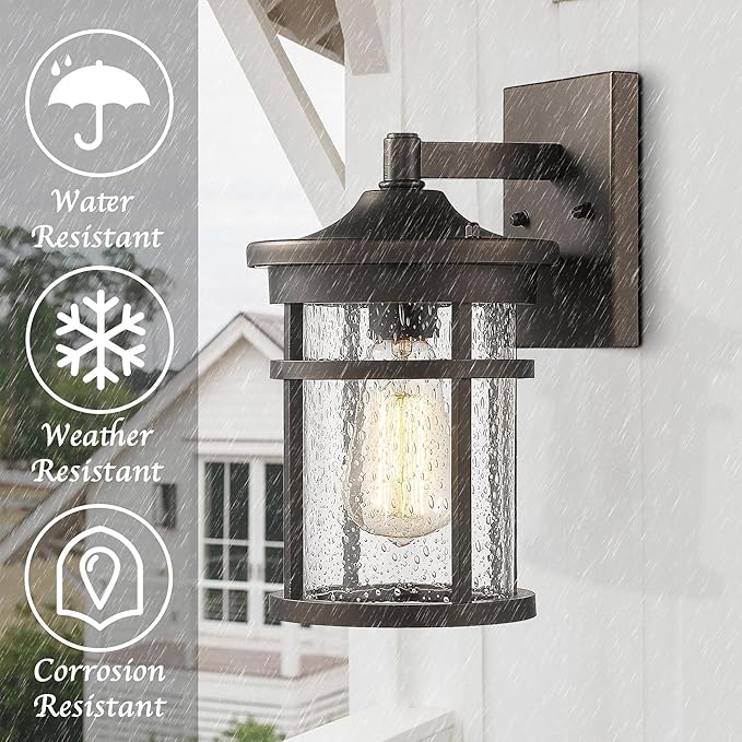 Bestshared Outdoor Wall Light, Exterior Porch Mount Light Fixture, Outdoor Wall Sconce, Front Door Lantern Lamp with Seeded Glass Shade(Oil Rubbed Bronze, 11.3" Height)