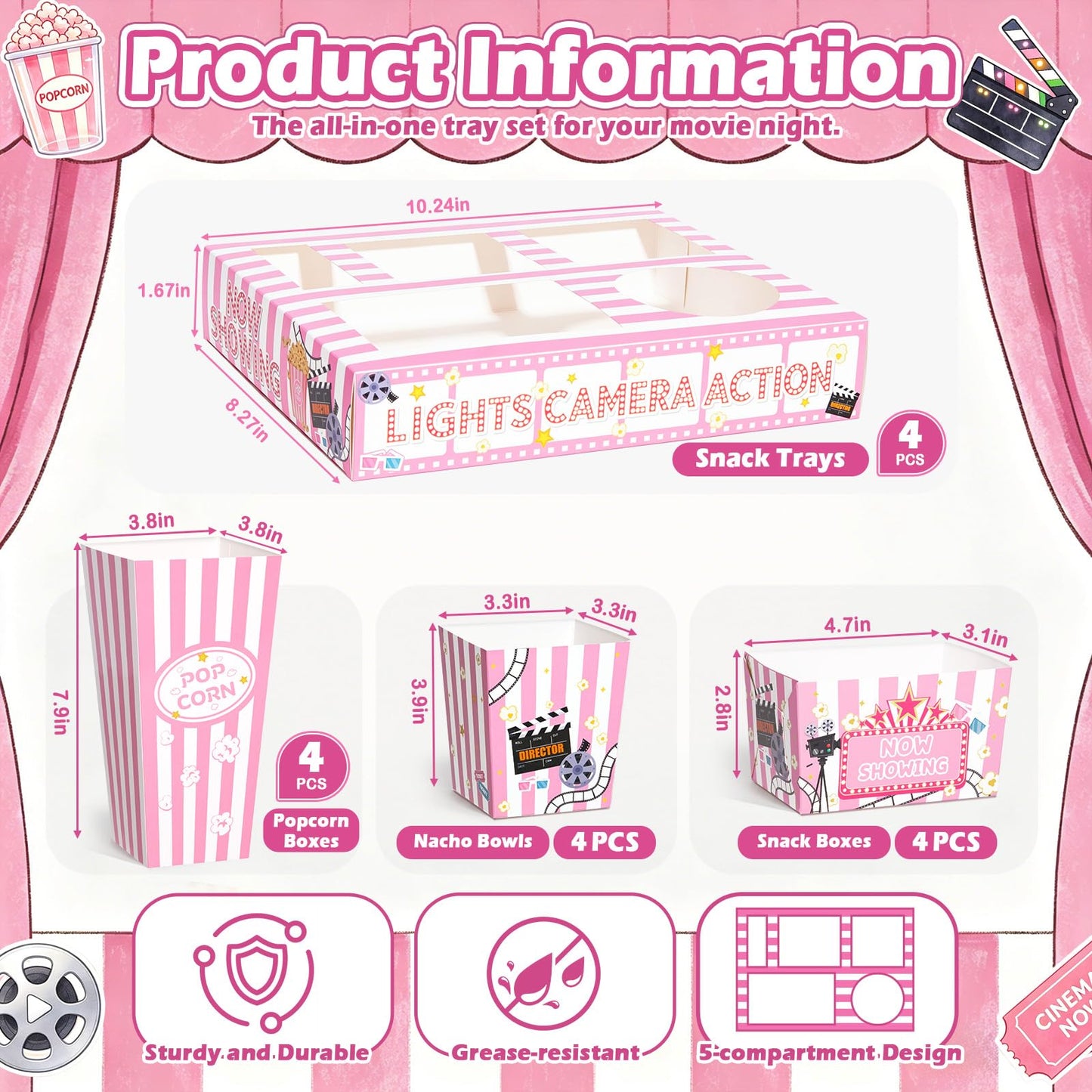 Movie Night Snack Trays, 16 Pcs Movie Night Party Supplies Include Paper Snack Trays Popcorn Holders Snack Boxes for Girls' Night Birthday Party Home Theater- Serve 4