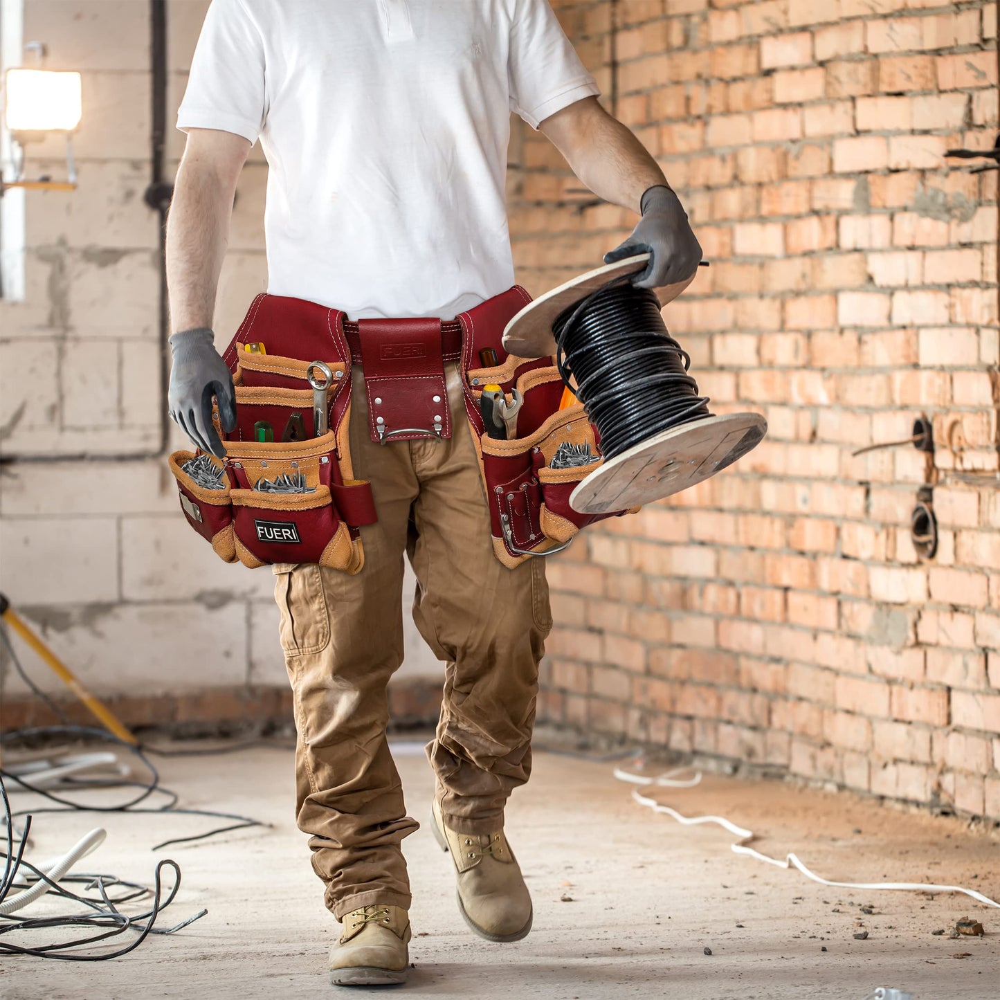 FUERI Leather Tool Belt for Men, 16 Pocket Pro Framing Combo Comes with Heavy Duty Tools Pouches, Triple Hammer holder, Adjustable Padded Belt, and 4 Suspender Loops for Electrician and carpenter's
