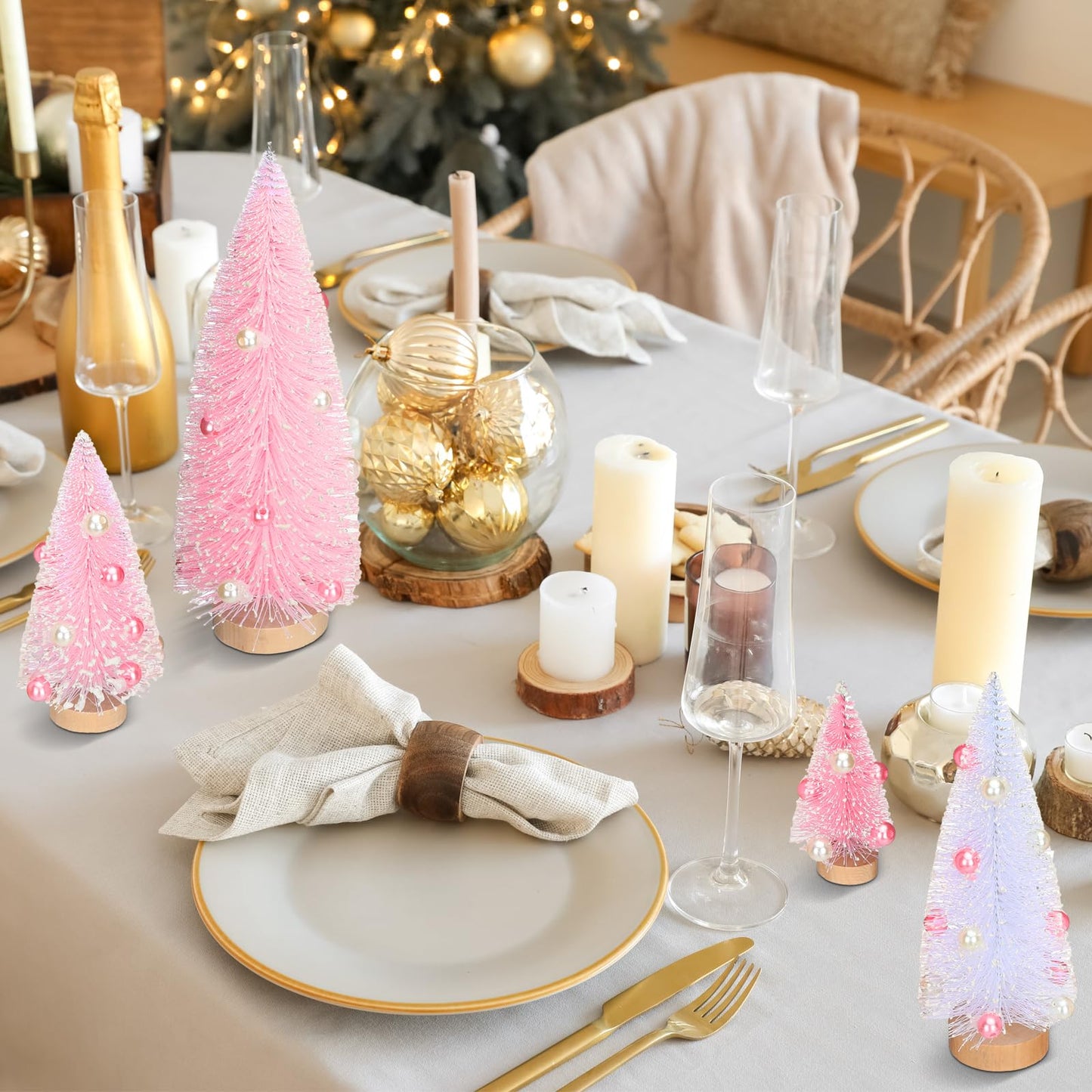 Leyndo 9 Pcs Pink Pearl Artificial Mini Christmas Tree Sisal Bottle Brush Trees with Wood Base Christmas Pine Trees for Autumn Winter Holiday Home Kitchen Party Decor