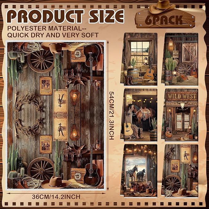 Breling 6 Pcs Western Cowboy Scene Kitchen Towel Wooden House Barn Vintage