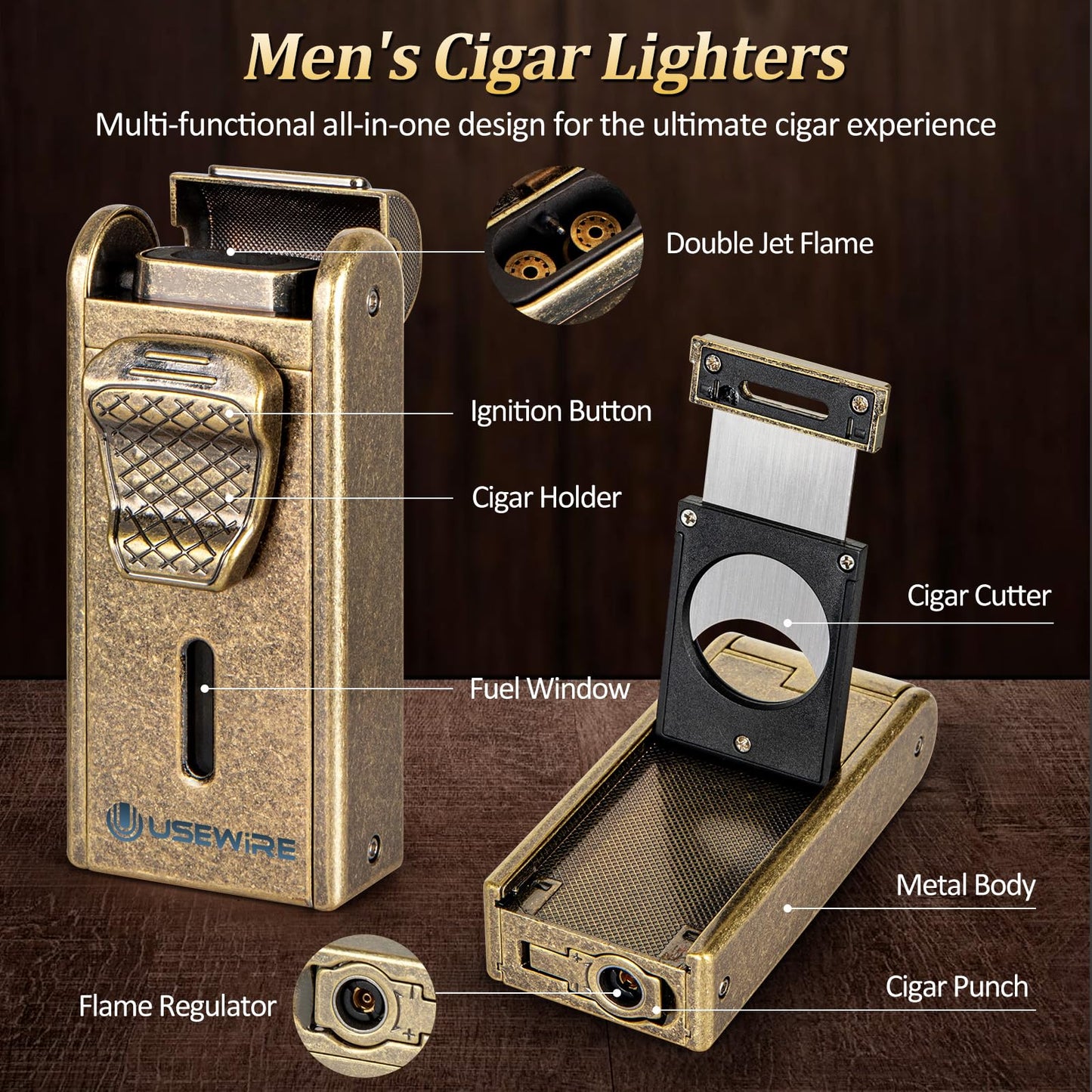 USEWIRE Cigar Humidor, Cedar Wood Leather Cigar Box Set with Cigar Lighter, Cigar Humidifier and Cedar Tray, Portable Travel Cigar Case for 7 Cigars, Men's Cigar Accessory Gift (No Butane)
