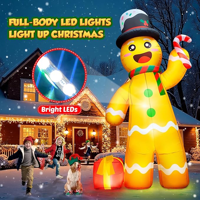 12FT Giant Christmas Inflatables Gingerbread Man Built-in Bright LED Light, Huge Christmas Decorations Outdoor Hold Candy Cane & Gift Large Christmas Blow Up Yard Decoration for Xmas Holiday Party