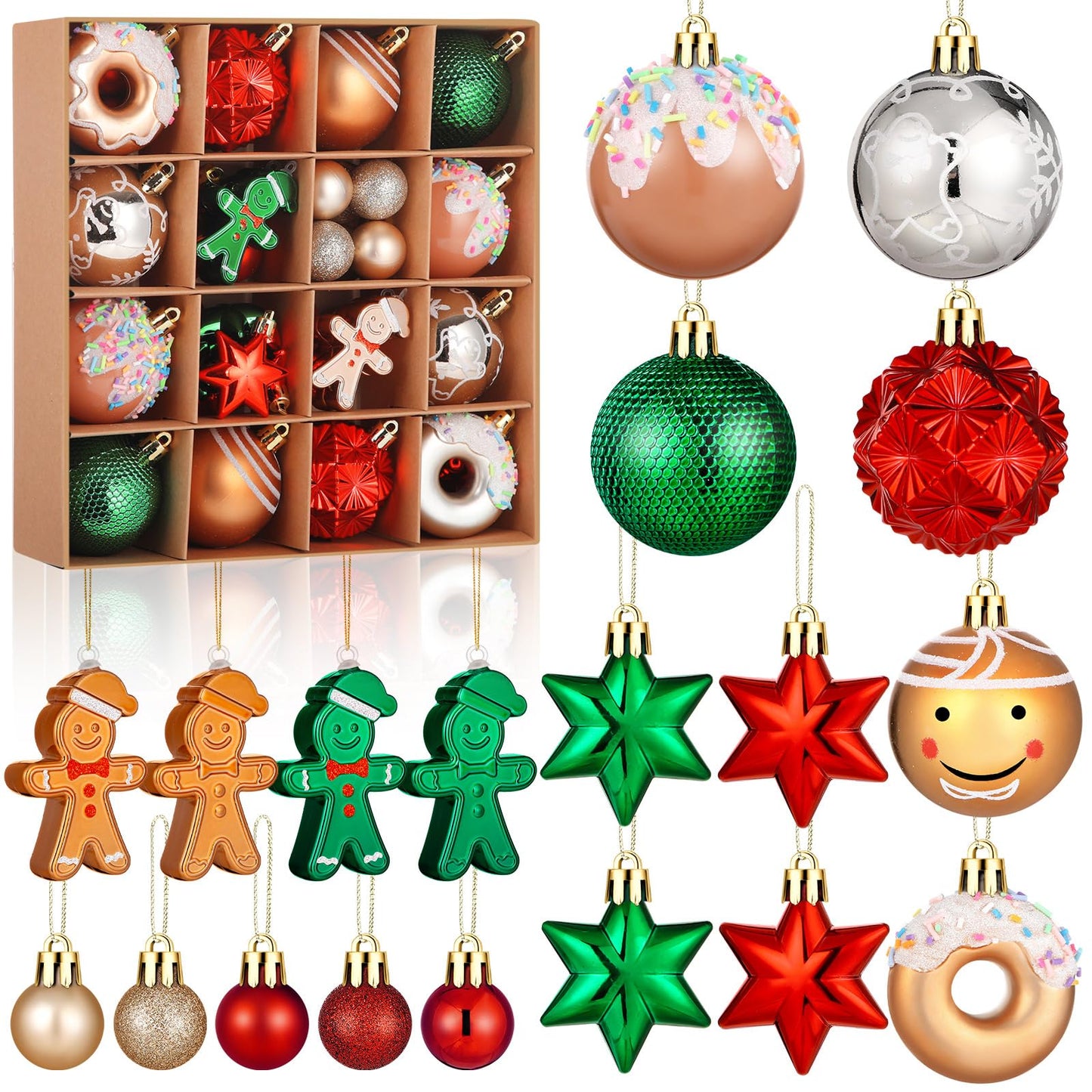 Syhood 40 Pcs Gingerbread Man Christmas Ball Ornaments 2.4 Inch Gingerbread Christmas Decorations Shatterproof Red Green Gold Candy Donut Xmas Baubles for Tree Home Wreath Holiday Office Indoor Decor