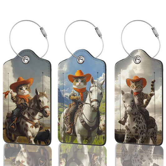 3 Pack Luggage Tag for Suitcase Leather Travel Cruise Luggage Tag with Stainless Steel Loop Name ID Label Privacy Cover for Adults Teens Travel Bag Labels Set (Cowboy Cat)