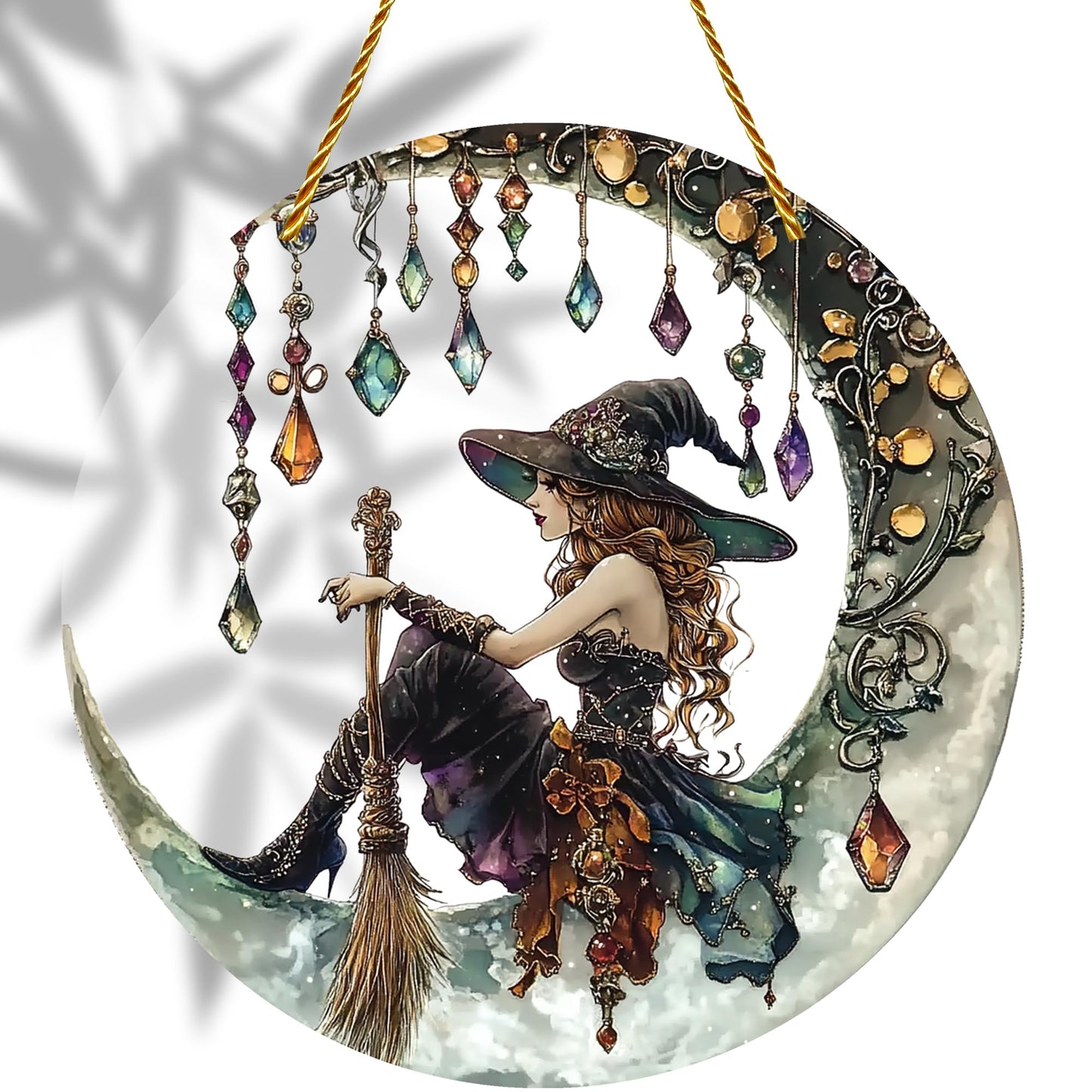 8x8 inch Charming Moonlight Witch Acrylic Stained Glass Window Hanging Sun Catcher Decor Stained Panel Hangings Wall Art Decor, for Friends and Family (Moonlight Witch)