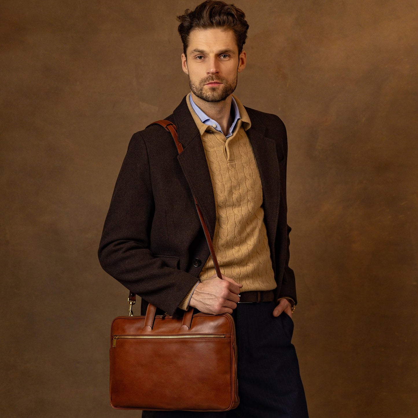 Time Resistance Slim Leather Briefcase - Italian Handmade Leather Laptop Bag for Men and Women (Cognac Brown)