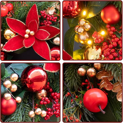 Christmas Wreaths for Front Door- 24 Inch Outdoor Prelit Christmas Door Wreath with Lights, Lighted Xmas Wreath with Poinsettia Flowers,Red Berries,Golden Ball- Home Christmas Decorations