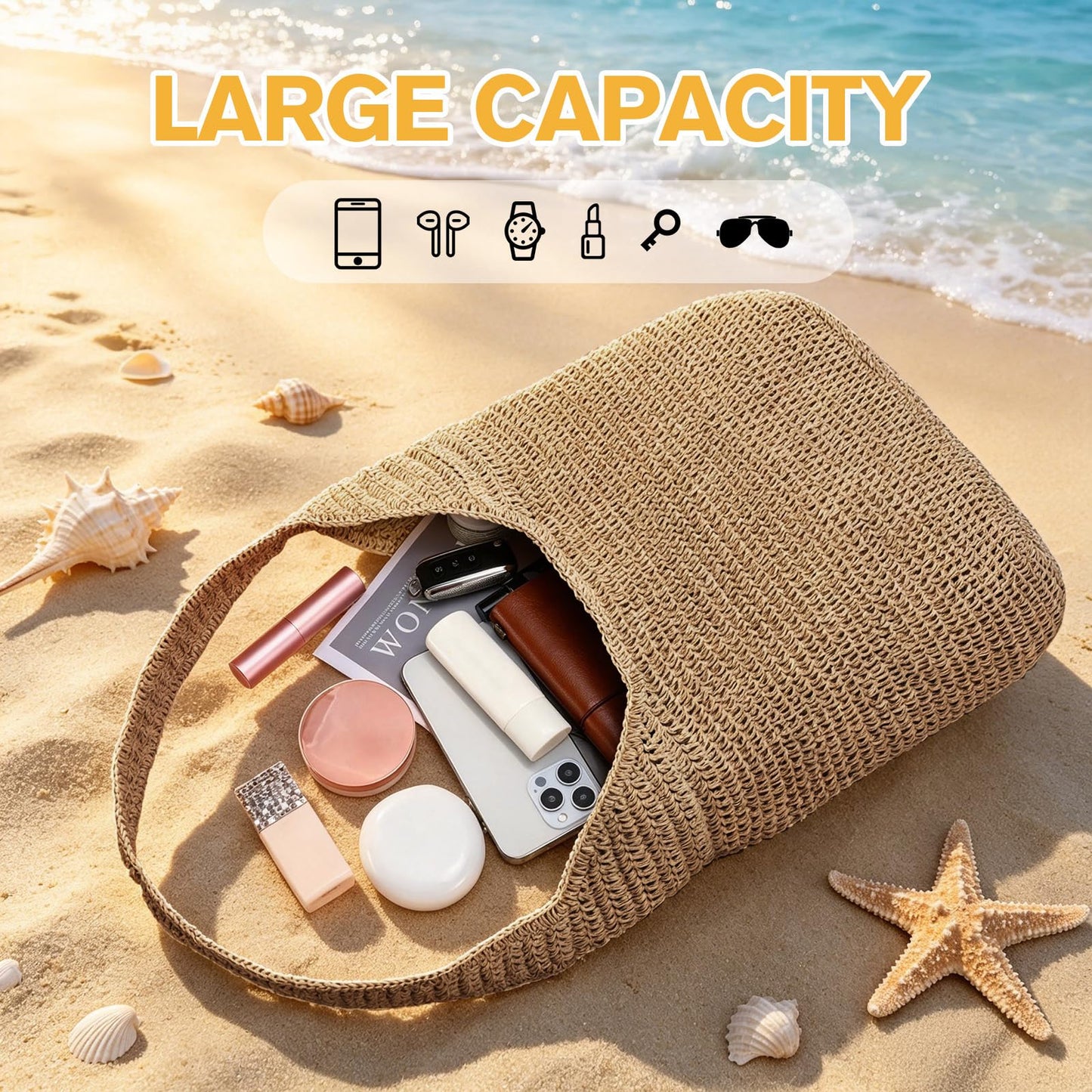 XquiziFit Beach Bags for Women Boho Straw Purse Summer Woven Shoulder Bag Handbag Crochet Mesh Tote Bag Vacation Purse Khaki