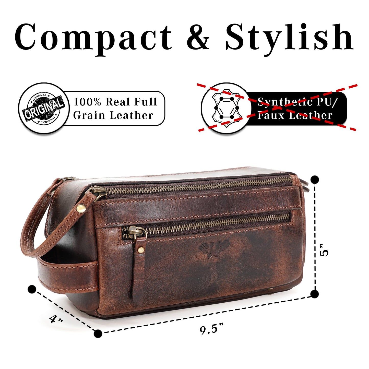 LushLuxeoria Premium Handmade Genuine Leather Toiletry Bag for Men & Women, Dopp Kit & Shaving Travel Organizer, Cosmetic Wash Bag with Zipper Pocket Travel Pouch, Gift for Him & Her - Dark Brown