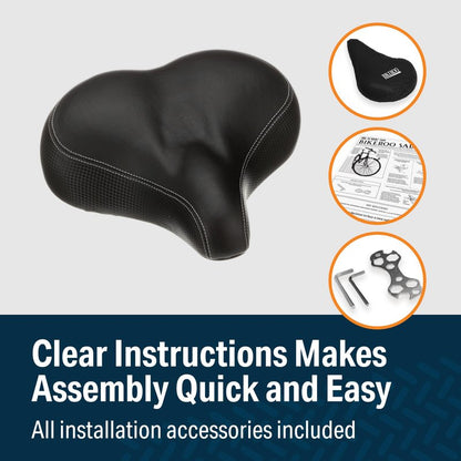 Bikeroo Extra Wide Replacement Saddle - Fits Indoor & Outdoor Bicycles - Steel Spring & Elastomer Suspension - Center Cutout - Memory Foam - Outdoor