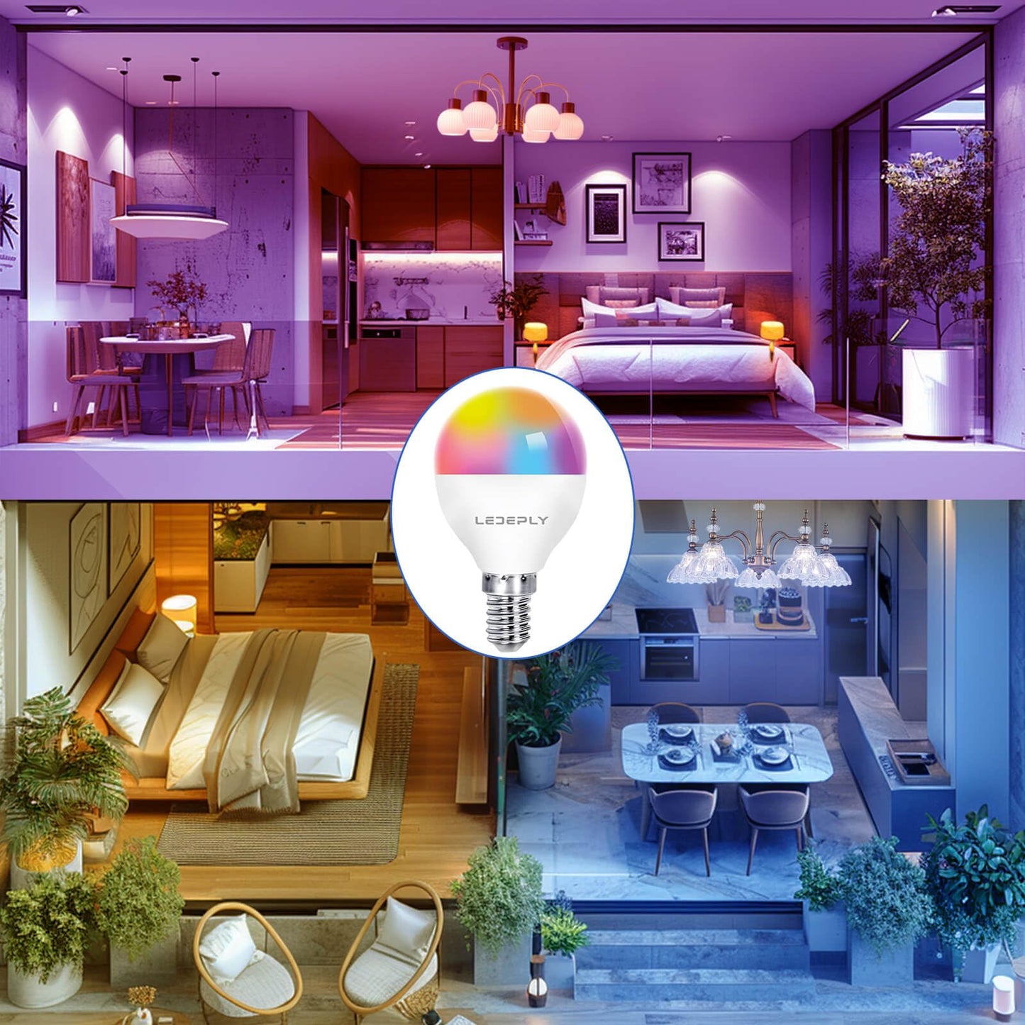 A15 LED Smart Bulb, 5W=40W,Compatible with Alexa, Google Assistant, E12 Base, Dimmable, 2.4G WiFi ONLY, RGB Color Changing, Tunable White 2700K-6500K, Globe Shape, G45 Ceiling Fan Light Bulbs 4 Pack