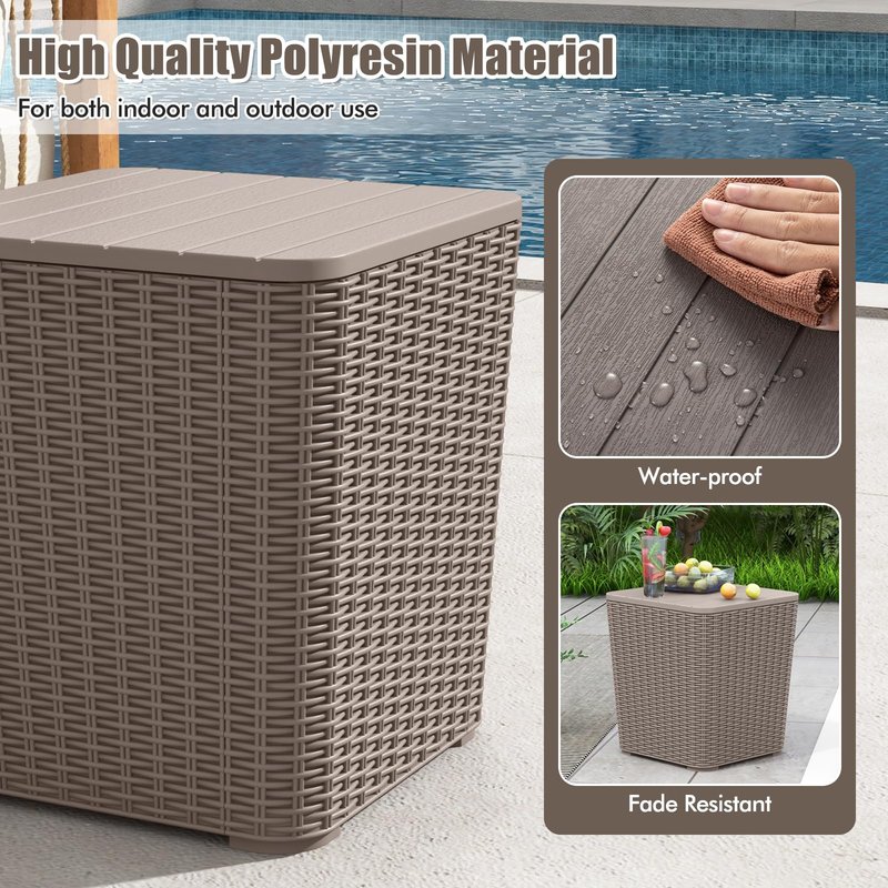 Tangkula 11.5 Gallon Water-proof Deck Box, Outdoor Patio Storage Box w/Removable Lid &, Faux Rattan Storage Container Side Table, All Weather Patio Furniture Extra Seat for Poolside (Brown)
