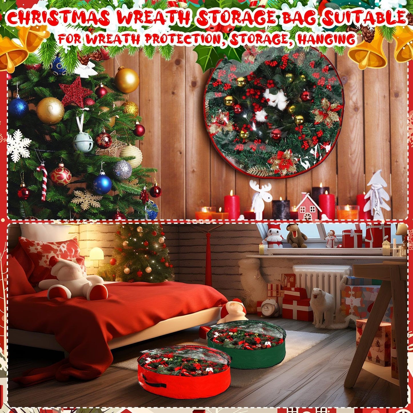 Aliceset 4 Pack Wreath Storage Containers, Ornament Garland Wreath Storage Bags with Handle Zipper Decorative Storages Box for Christmas in July Wreaths(24 x 24 x 7.8 Inch,Red, Green)