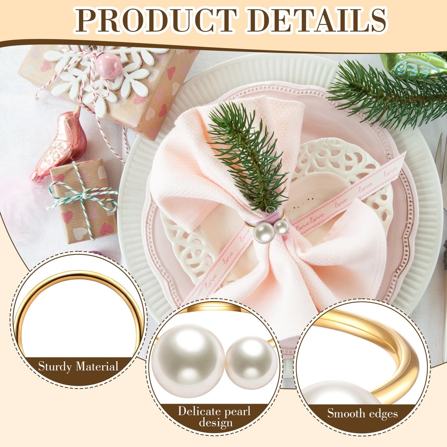 Sliner 50 Pcs Gold Pearl Napkin Rings Set, Faux Pearl Napkin Ring Holders, Delicate Metal Serviette Buckle Bulk for Wedding, Dinner Banquet, Holiday Gather Part, Party Table Decor(Simple Style)