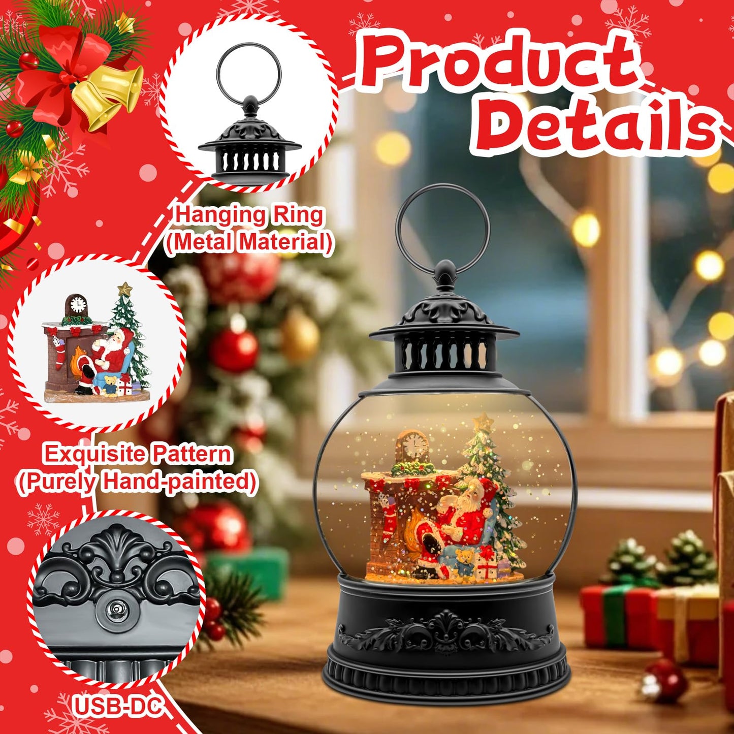 Christmas Snow Globe, Christmas Decorations Indoor, Glittering Santa Snow Scene with Music and 6H Timer, USB Lined/Battery Operated, Christmas Lantern for Holiday Decorations, Tabletop Decor for Home