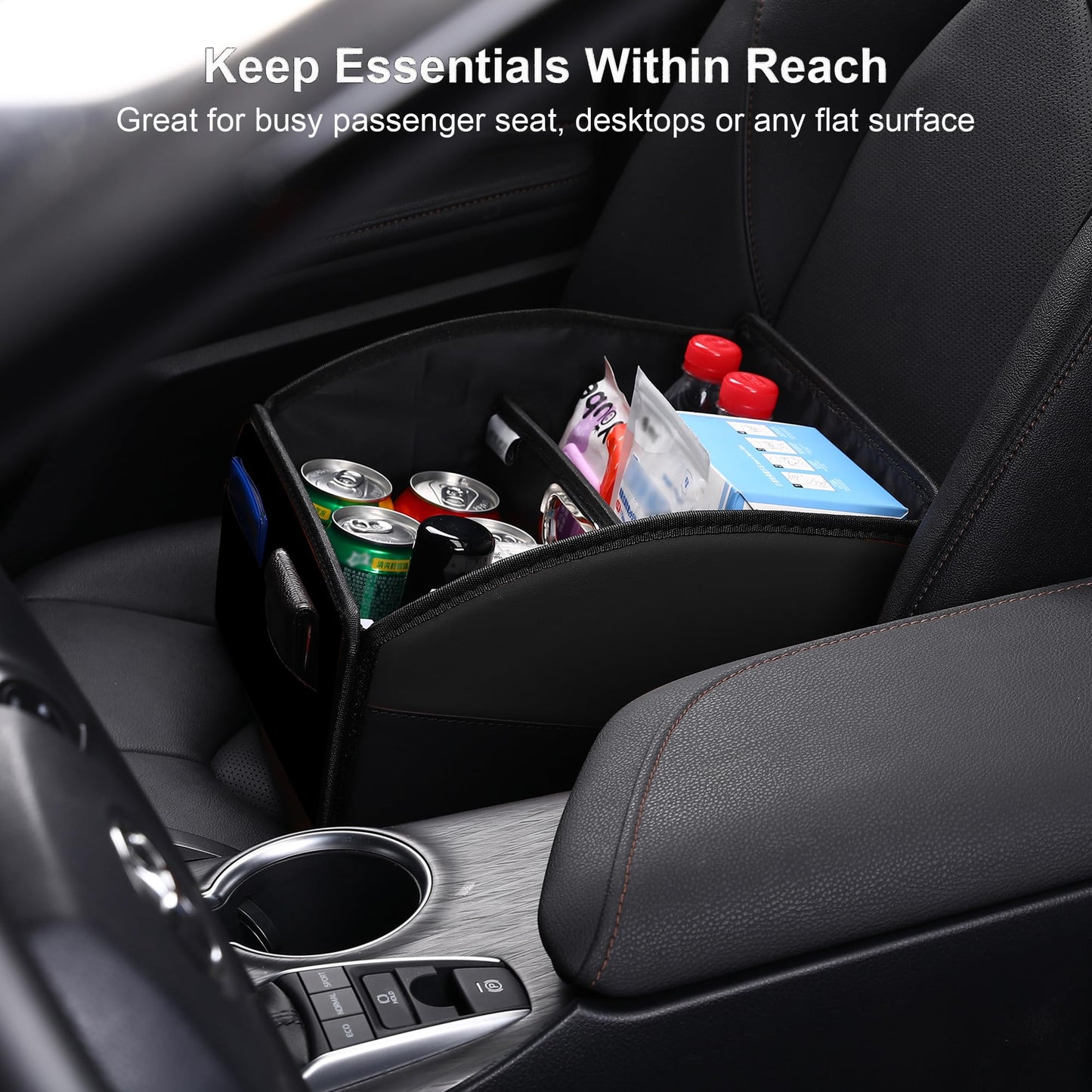 Uplien Car Storage Organizer [2025 UPDATED] Leather Car Caddy Basket for Front Seat Floor Back Seats Metal Handle 6 Compartments Adjustable Strap Buckles Slip-Resistant (Black)