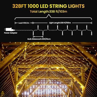 338Ft Christmas Lights Outdoor, 1000 LED Christmas String Lights with 8 Modes, Timer, Waterproof Fairy Twinkle Lights for Party, Garden, Wedding, Holiday, Weddings, Xmas Tree Decorations (Warm White)