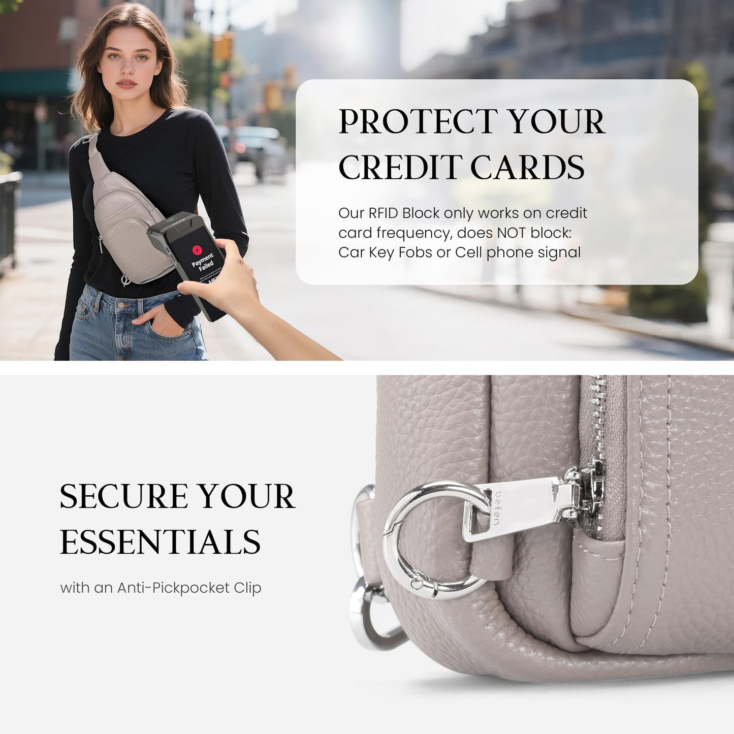 befen Genuine Leather Small Crossbody Sling Bag for Women Anti-Theft Crossbody Chest Bags Purse with Built in RFID Wallet for Travel Beige Grey