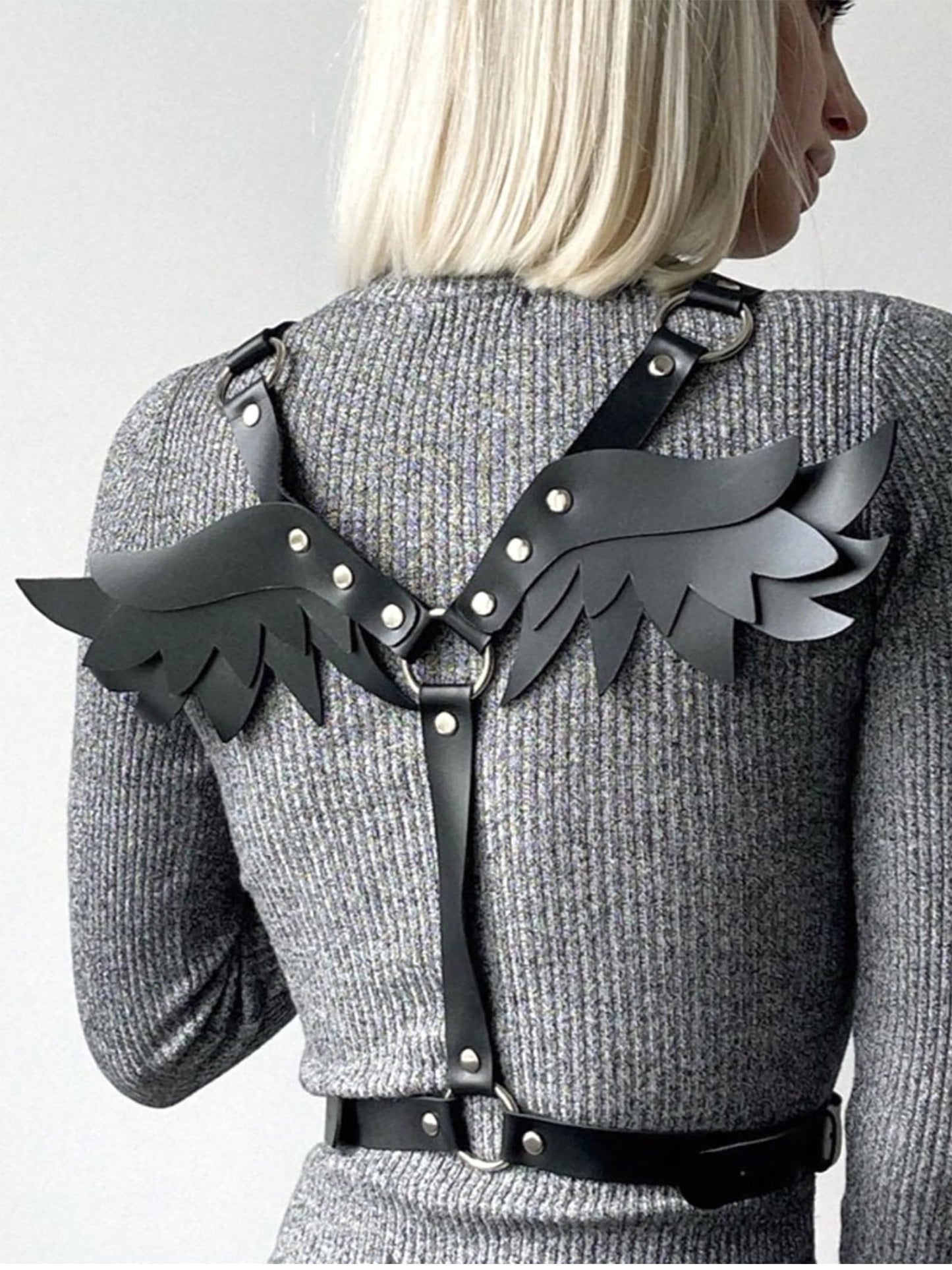 Women Adjustable Faux Leather Fashion Harness with Wing Detail, Punk Gothic Back Harness Accessory for Dresses Tops(Waist 26.4-39.4in) Black