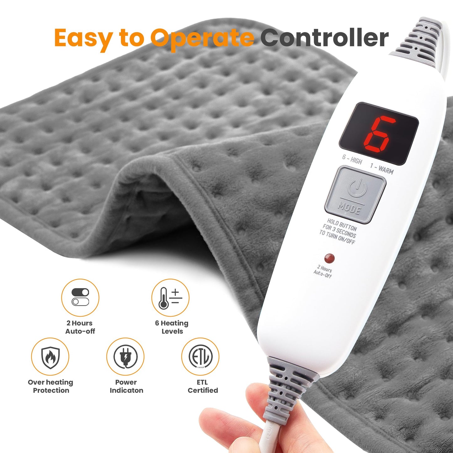 Electric Heating Pad for Back Pain Relief & Cramps - 6 Heat Settings,Auto Shut Off,Moist Heat Options,Portable Heated Pads for Neck/Shoulder Machine Washable Gift for Men Women,Grey,12"x24"
