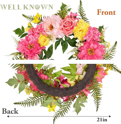 Wreaths for Front Door, WELL KNOWN Spring Summer Seasonal Hot Pink & Yellow Flowers Wreath for Front Door, Artificial Silk Peony Flower Wreath for Wall Hanging, Home Office Wedding Party Decor