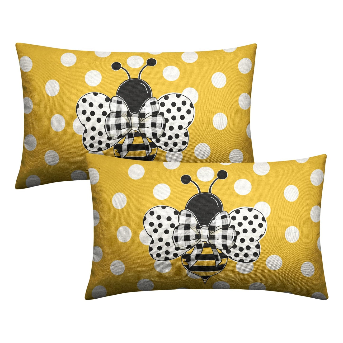 Wnoesat Lumbar Pillows Covers 12x20 Set of 2 Spring Summer Farmhouse Decorative Bumble Bee Polka Dots Throw Pillow Cover Yellow Honey Bee Rectangle Waist Cushion Case for Outdoor Couch Patio