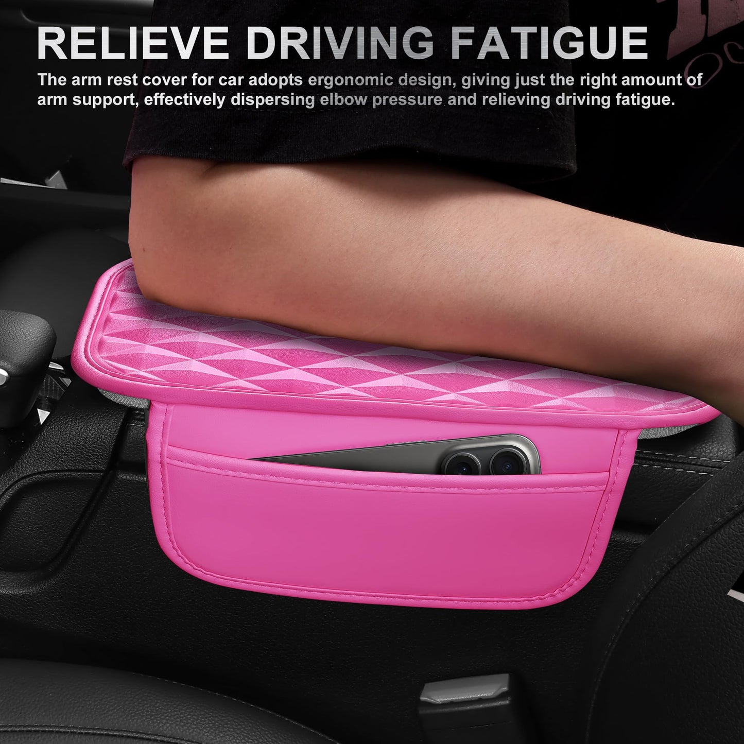 CAR PASS 3D Rhombus Pink Leather Steering Wheel Cover Car Accessories Set, Center Console Armrest Cushion with Storage Bags 2 Non-Slip Cup Coasters, 14.5-15in Cute Car Interior Sets, 4 PCS Hot Pink
